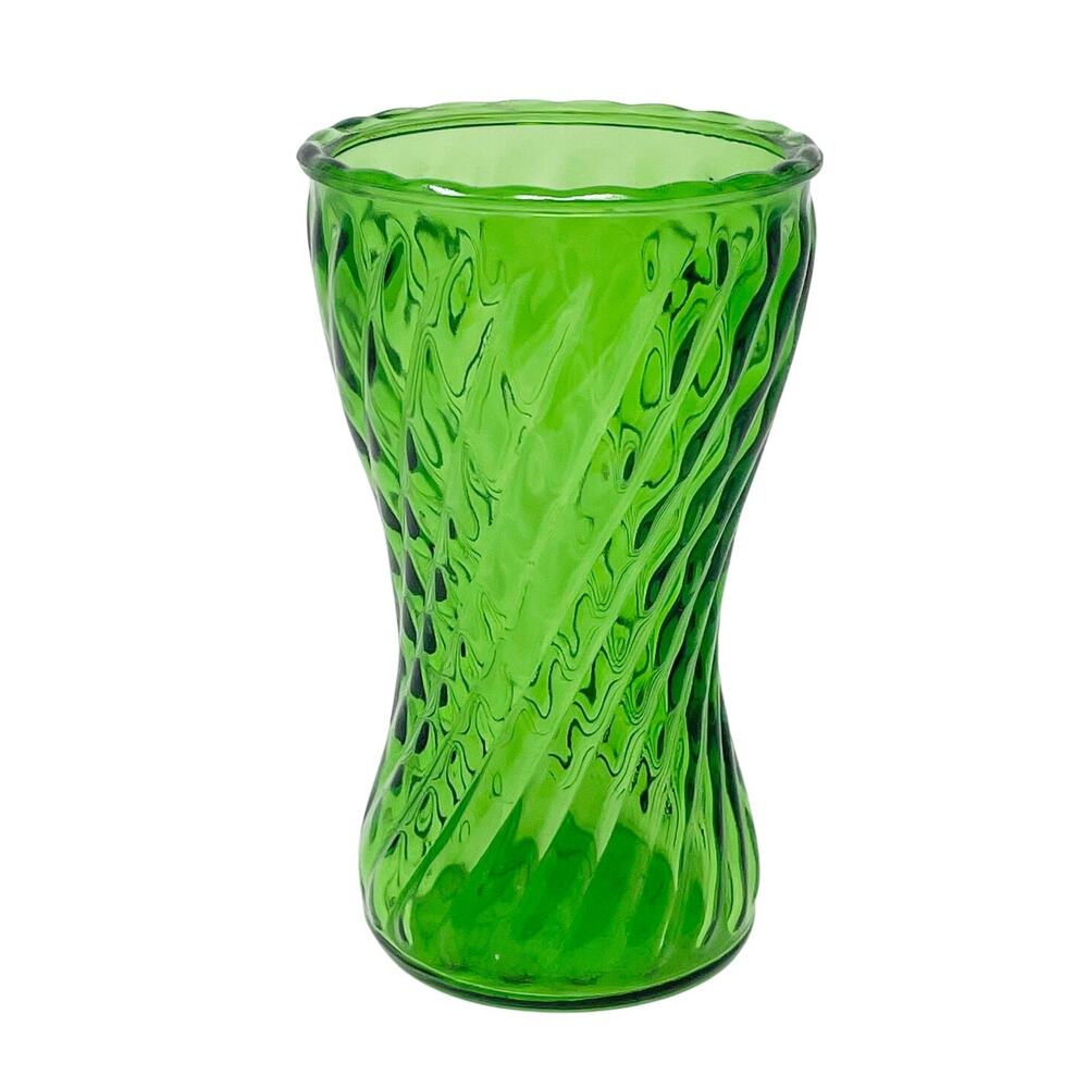 Vintage Emerald Green Swirl Glass Vase 8" Tall Scallop Edge Garden Florist MCM 0